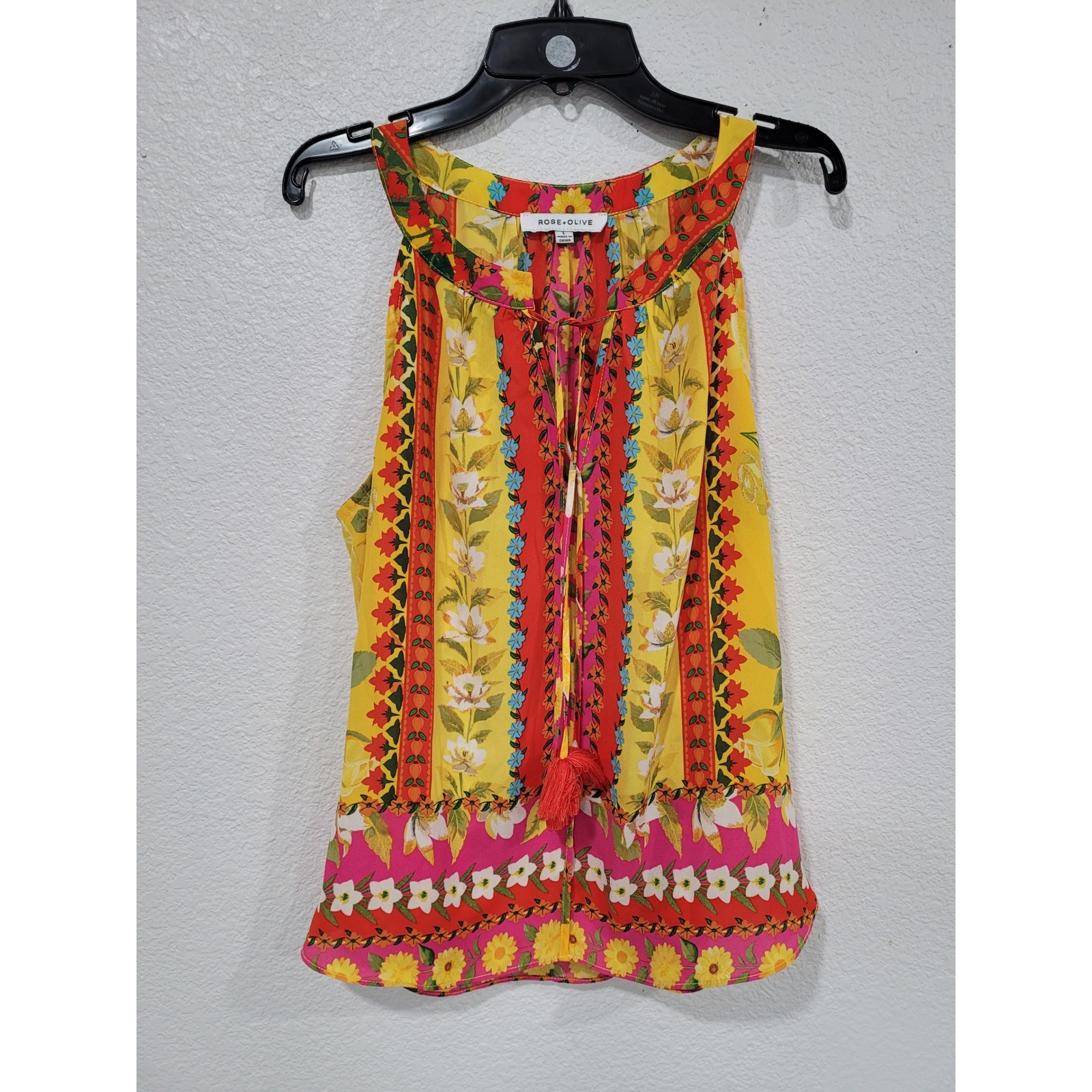 Rose + Olive Womens L Floral Print Tassel Tie Neck Sleeveless Blouse Yellow #11